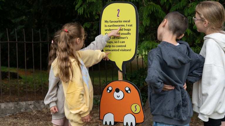 Four young children looking at a sign with a description of facts about moles on.